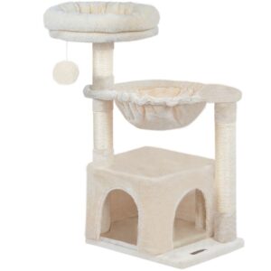 small cat tree tower with luxury condo, basket hammock for indoor kittens with scratching posts, kittens pet activity tree play house furniture, toy furball on top, stable and firm