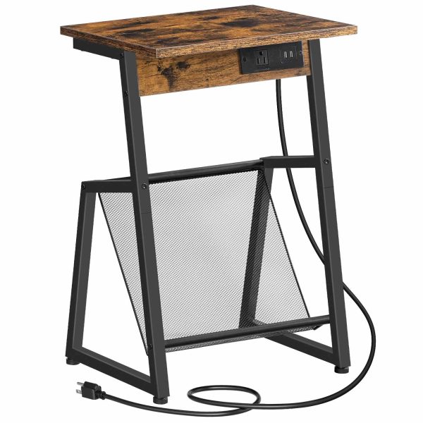 Tavolino con stazione di ricarica integrata, Marrone rustico & Tavolino da divano nero con portariviste, Tavolo portaoggetti dotato di 1 Outlet AC e 2 Porte USB, Adatto per soggiorno e camera da letto