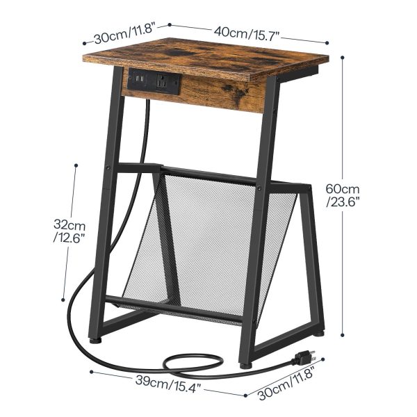 Tavolino con stazione di ricarica integrata, Marrone rustico & Tavolino da divano nero con portariviste, Tavolo portaoggetti dotato di 1 Outlet AC e 2 Porte USB, Adatto per soggiorno e camera da letto