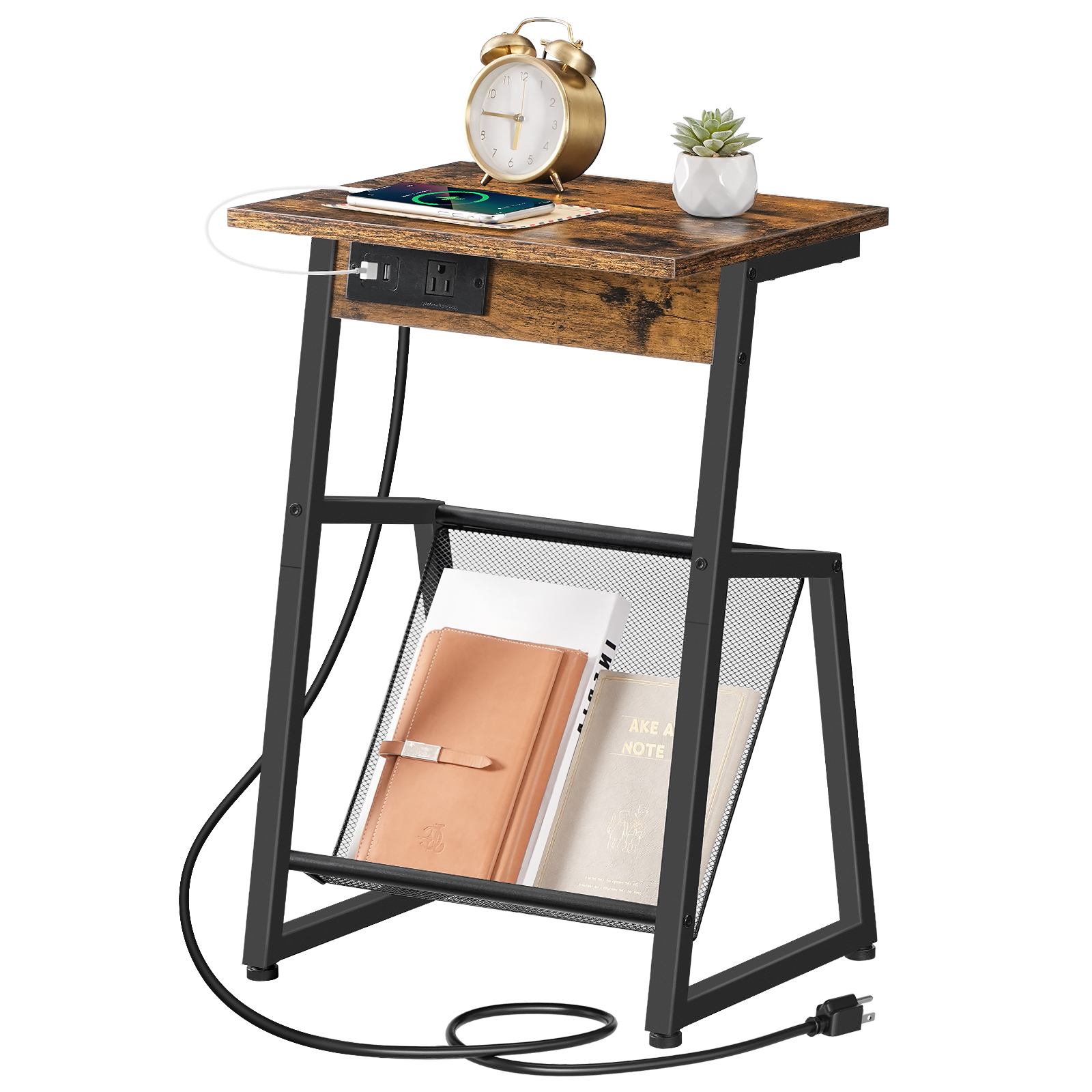 End Table with Integrated Charging Station, Rustic Brown & Black Sofa Side Table with Magazine Rack, Storage Table Equipped with 1 AC Outlet and 2 USB Ports, Suitable for Living Room and Bedroom