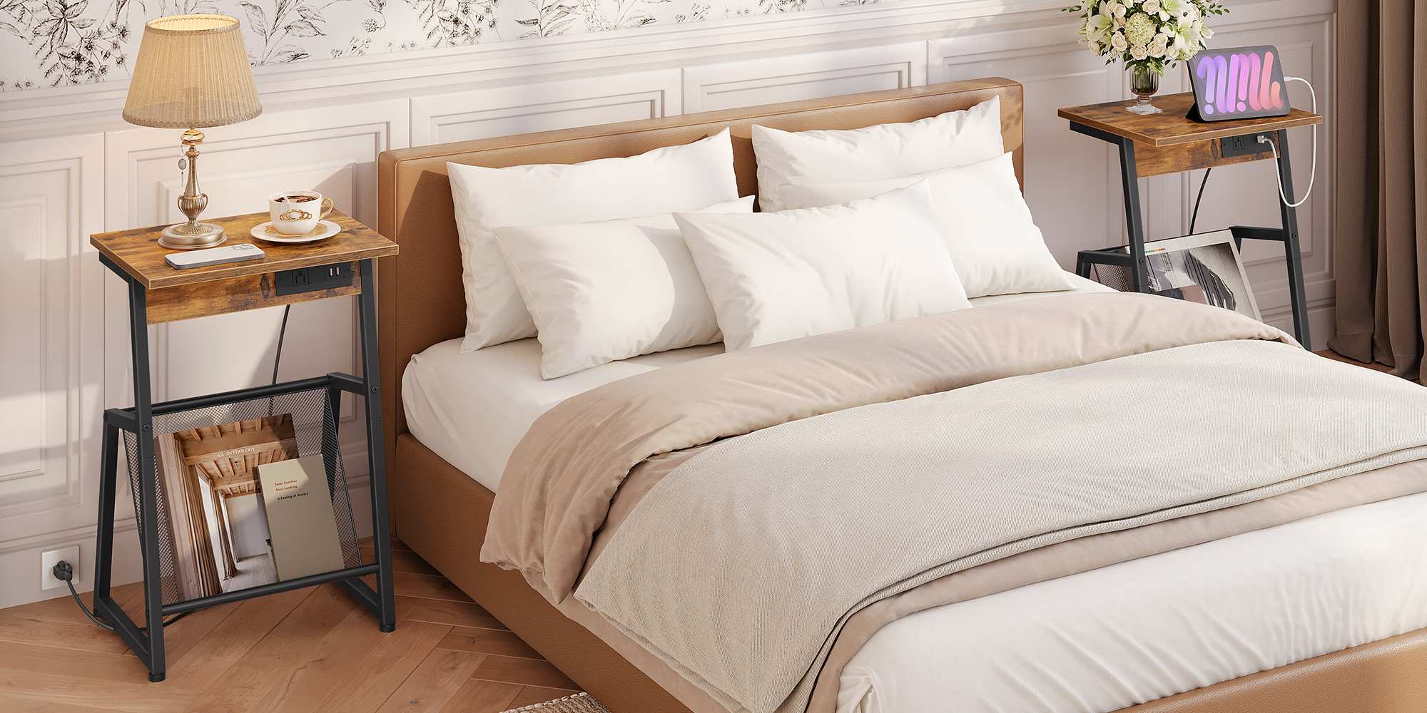 Tavolino con stazione di ricarica integrata, Marrone rustico & Tavolino da divano nero con portariviste, Tavolo portaoggetti dotato di 1 Outlet AC e 2 Porte USB, Adatto per soggiorno e camera da letto