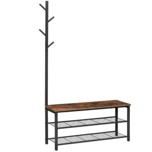 coat rack shoe bench, 39.5" entryway storage bench, 3-tier shoe rack and coat stand with metal mesh shelves, mudroom bench, 3 in 1 rustic bench for hallway, foyer, doorway, bedroom