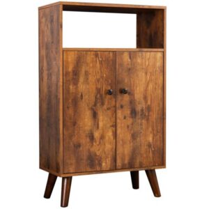 storage cabinet, 2-tier bookcase with doors, display shelf storage unit in living room, study room, entryway, wood look accent furniture, rustic brown