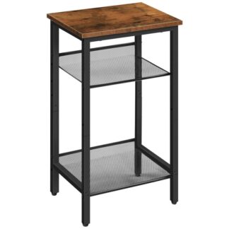side table, 3-tier end lamp table with adjustable mesh shelves, for office hallway or living room, modern look accent furniture, tall and narrow, rustic brown and black
