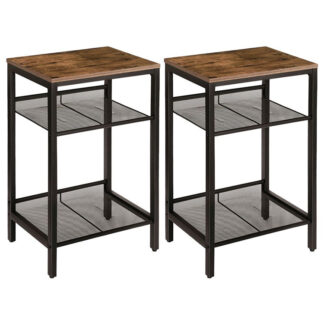 side table set of 2, industrial end lamp table with adjustable mesh shelves, for office hallway or living room, wood look accent furniture, tall and narrow, rustic brown + black