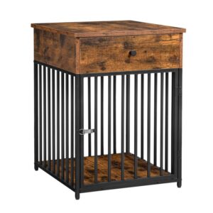 dog crate furniture, wooden dog house, decorative dog kennel with drawer, indoor pet crate end table for small dog, steel-tube dog cage, chew-proof, rustic brown and black