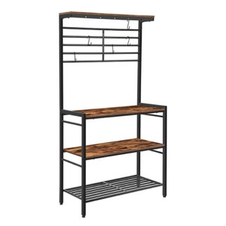 kitchen baker's rack, kitchen microwave oven stand with 6 s-hooks, kitchen shelf with high display shelf, coffee station, rustic brown