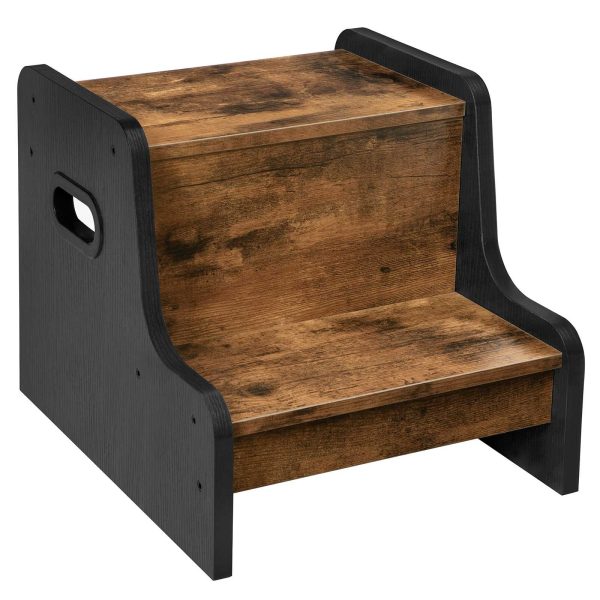 Kids Two-Step Stool with Handles, Rustic Brown Non-Slip Toddler Potty Training Stool, Portable Wooden Step Stool for Sink, Bathroom and Bedroom