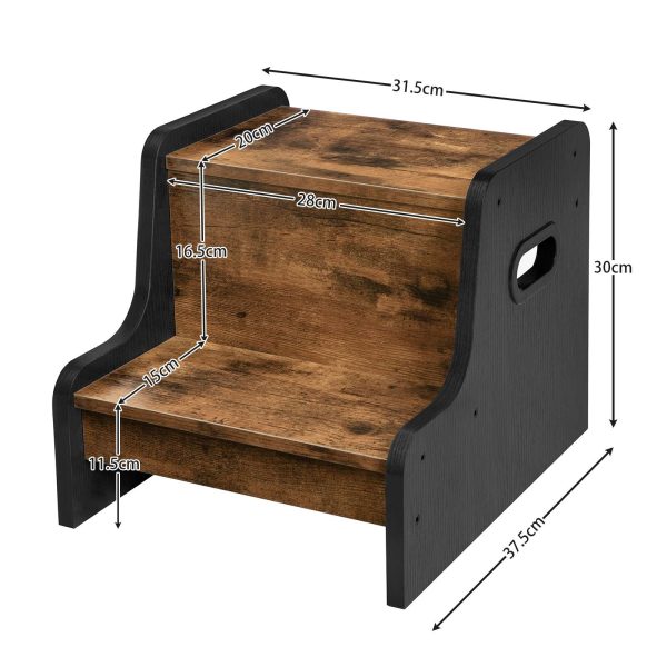 Kids Two-Step Stool with Handles, Rustic Brown Non-Slip Toddler Potty Training Stool, Portable Wooden Step Stool for Sink, Bathroom and Bedroom