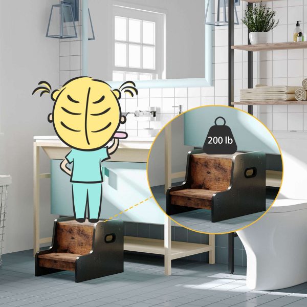 Kids Two-Step Stool with Handles, Rustic Brown Non-Slip Toddler Potty Training Stool, Portable Wooden Step Stool for Sink, Bathroom and Bedroom