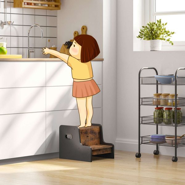 Kids Two-Step Stool with Handles, Rustic Brown Non-Slip Toddler Potty Training Stool, Portable Wooden Step Stool for Sink, Bathroom and Bedroom