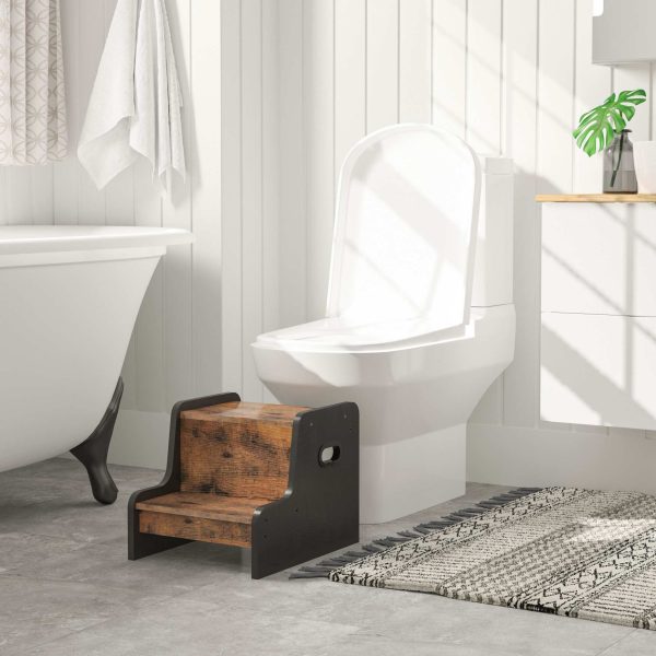 Kids Two-Step Stool with Handles, Rustic Brown Non-Slip Toddler Potty Training Stool, Portable Wooden Step Stool for Sink, Bathroom and Bedroom