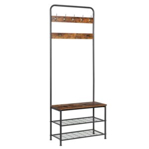 Coat Rack Shoe Bench, Pipe Style Hall Tree Organizer, Entryway Storage Shelf with Unique Double Hooks, Wood Look Accent Furniture with Metal Frame, Industrial Design, Rustic Brown