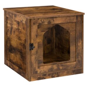 cat litter box enclosure, hidden litter box furniture, enclosed cat house side table, cat washroom with door, enlarged cat litter cabinet for fat orange cat, nightstand, rustic brown