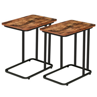 set of 2 side table, c shaped mobile snack table, slides next to sofa couch, industrial laptop table for small space, living room, bedroom, wood look accent table, rustic brown