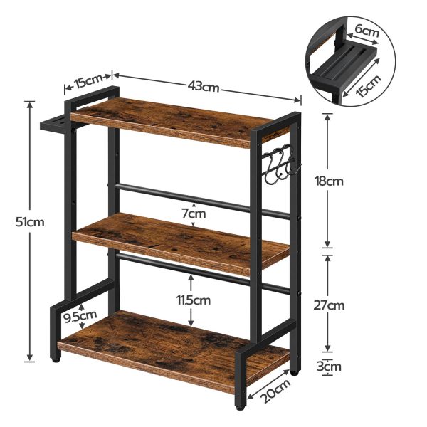 3-Portaspezie a livelli con portacoltelli e 3 Ganci, Organizer multifunzionale da bancone da cucina con piedini regolabili, Adatto per la cucina, Sala da pranzo e bagno, Marrone scuro & Nero