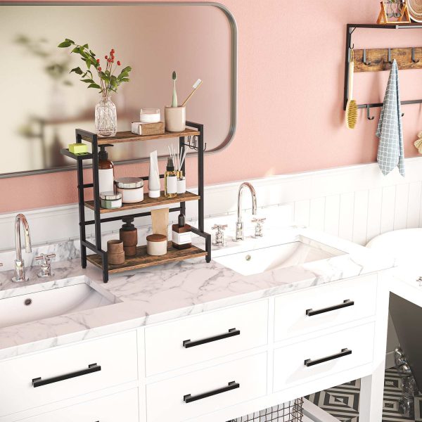 3-Portaspezie a livelli con portacoltelli e 3 Ganci, Organizer multifunzionale da bancone da cucina con piedini regolabili, Adatto per la cucina, Sala da pranzo e bagno, Marrone scuro & Nero