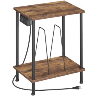 Eindtabel met recordhouder, Platenspelerstandaard met laadstation, 2 Niveau platenspelertafel met opslag tot 100 albums, Platenspelerstandaard voor vinyl, Woonkamer, Rustiek bruin