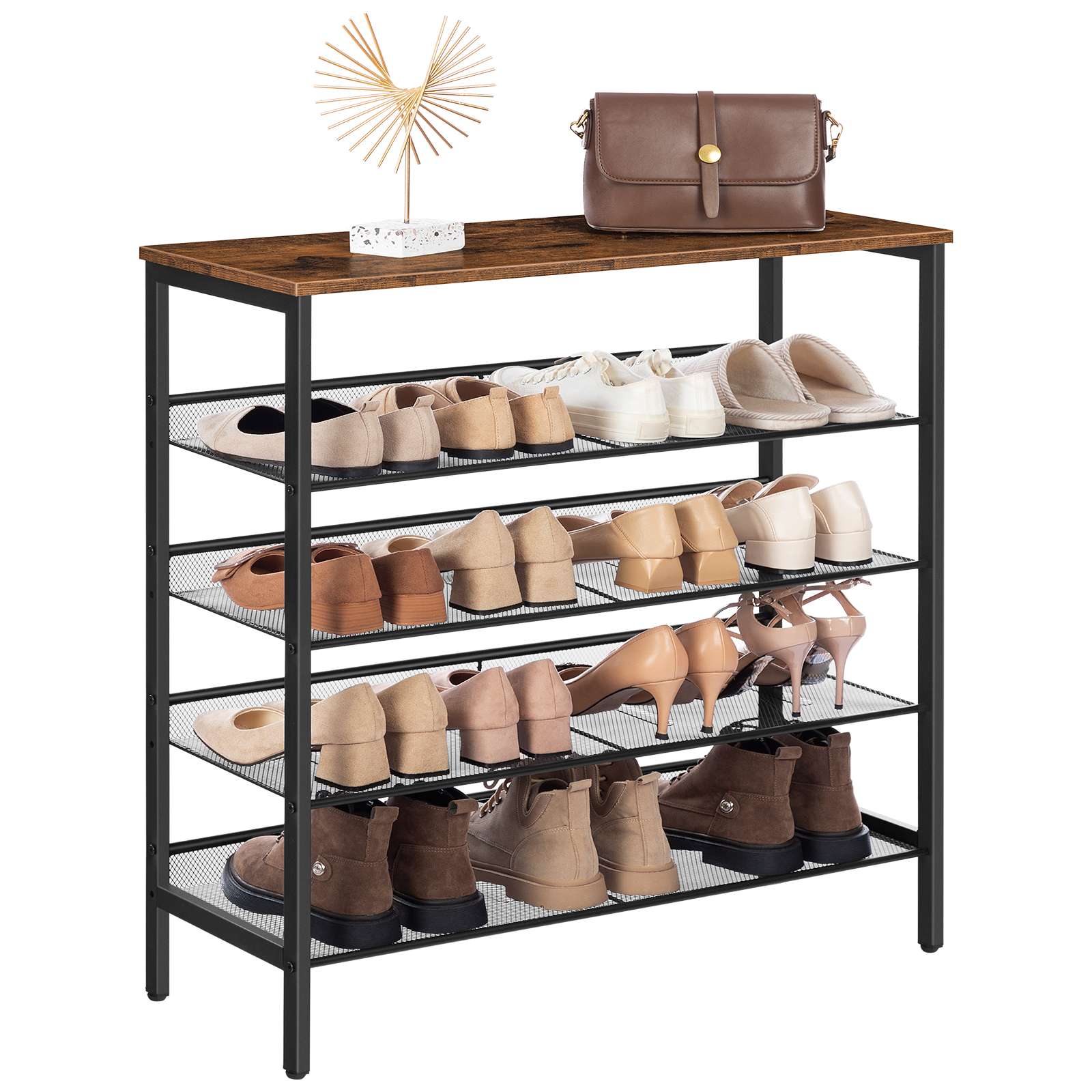 cheap shoe storage rack, 5-tier shoe storage unit flat & slant adjustable shoe organizer shelf for 16 pairs, durable and stable, for entryway, hallway, closet, dorm room, industrial, rustic brown