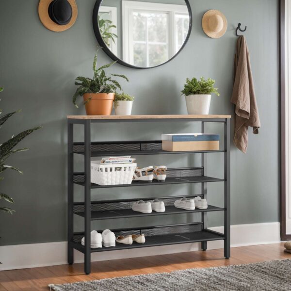 tani stojak na buty, 5-ZAWIETANIE BUTÓW WYNDU PŁATNE & Slant Regulowanego Organizatora Butów 16 pary, trwałe i stabilne, do wejścia, korytarz, gabinet, pokój w akademiku, przemysłowy, Rustykalny brąz