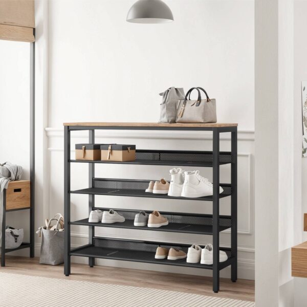 tani stojak na buty, 5-ZAWIETANIE BUTÓW WYNDU PŁATNE & Slant Regulowanego Organizatora Butów 16 pary, trwałe i stabilne, do wejścia, korytarz, gabinet, pokój w akademiku, przemysłowy, Rustykalny brąz