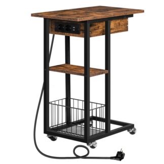 c shaped end table with charging station, flip-top sofa side table with usb ports and outlets, tall c table end table with storage shelf for small spaces living room, bedroom, rustic brown