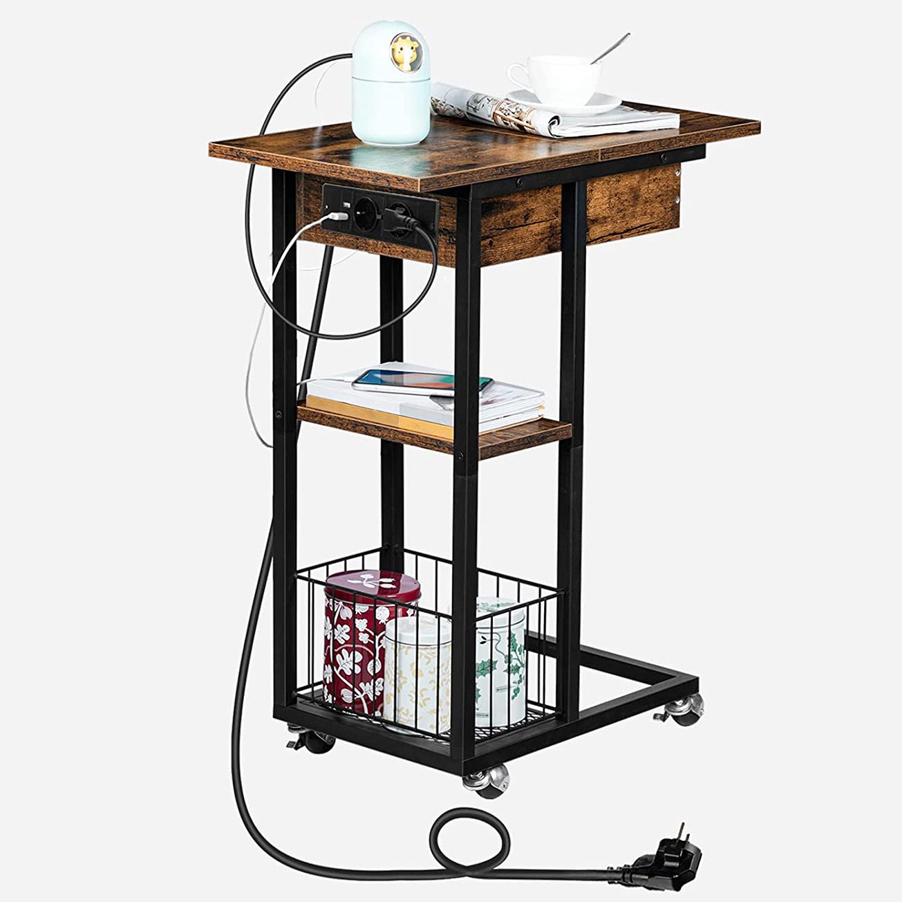 С-образный складной столик с зарядной станцией, Мобильный журнальный столик, оснащенный USB-портами и розетками, Встроенная полка для хранения, Подходит для гостиной и спальни, Рустик Браун