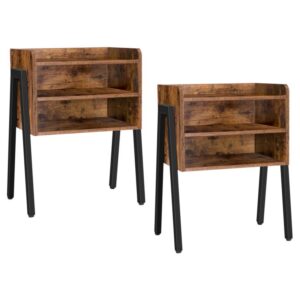 nightstand set of 2, stackable end table with 2 open front storage compartments, 3 tier bedside tables for small spaces, wood look accent table with metal frame, rustic brown