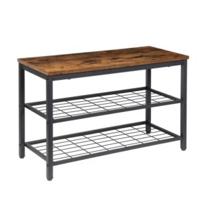 shoe bench, shoe rack with 2 mesh shelves, industrial shoe storage organizer, ideal for entryway, hallway, living room and corridor, easy assembly, rustic brown