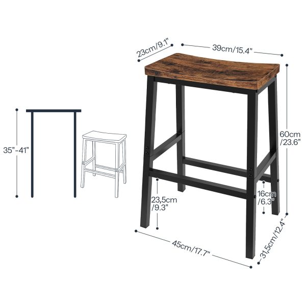 Set of 2 Saddle Bar Stools, 23.6-Inch Industrial-Style Counter Height Seating with Dual-Level Footrests, Heavy-Duty Construction for Kitchen, Dining Room & Bar, Rustic Brown & Black Finish