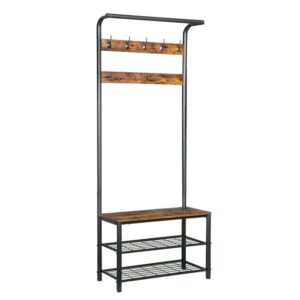 coat rack, industrial hall tree, entryway shoe storage shelf with bench, wood look accent furniture with stable metal frame, 3 in 1 design, easy assembly, rustic brown