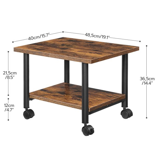 2-Carrello per stampante industriale sotto scrivania di livello con ripiano, Scaffale mobile per carichi pesanti su ruote, Adatto per uso domestico e in ufficio, Rustico marrone e nero