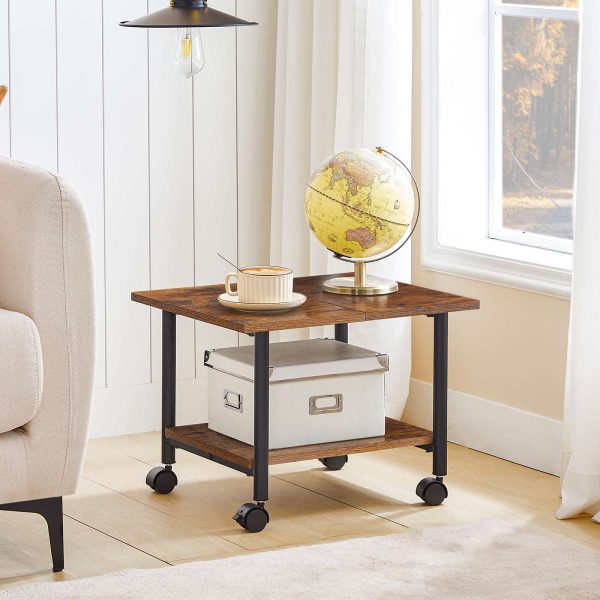 2-Carrello per stampante industriale sotto scrivania di livello con ripiano, Scaffale mobile per carichi pesanti su ruote, Adatto per uso domestico e in ufficio, Rustico marrone e nero