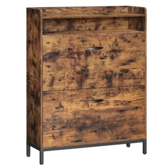 خزانة الاحذية, خزانة تخزين الأحذية القائمة بذاتها, مع 2 أدراج الوجه, خزانة منظم الأحذية مع أرفف مفتوحة, للدخول, المدخل والمكتب, بني ريفي أسود