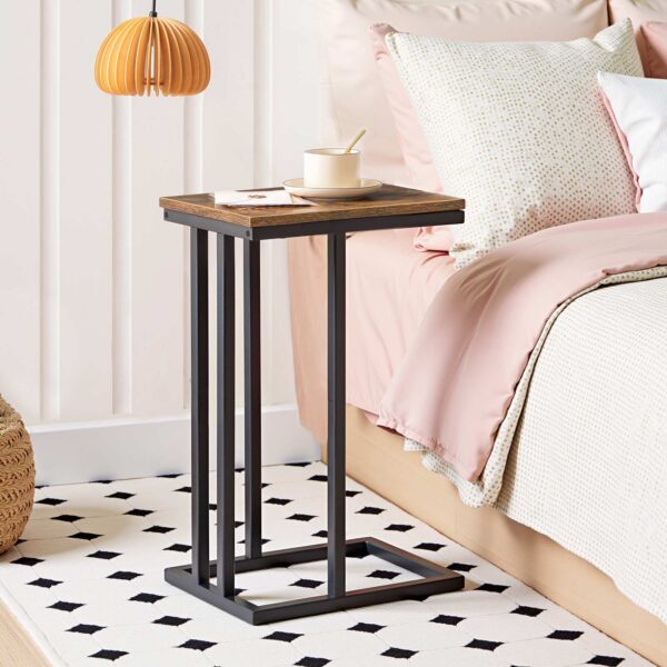 Säit Table C geformt, sofa Enn Dësch, Laptop Kaffi Snack Dësch, Fir kleng Plaz, Wunnzëmmer, Schlofkummer, Schnéi, schmuel, eng grouss, Holz beklokt Miwwelen mat Metallframe, rustikal brong