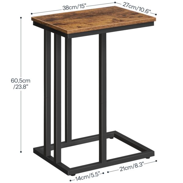 Säit Table C geformt, sofa Enn Dësch, Laptop Kaffi Snack Dësch, Fir kleng Plaz, Wunnzëmmer, Schlofkummer, Schnéi, schmuel, eng grouss, Holz beklokt Miwwelen mat Metallframe, rustikal brong