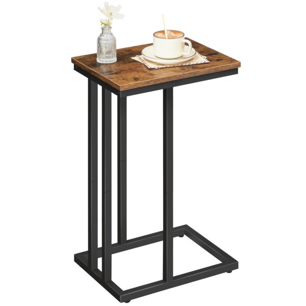 Säit Table C geformt, sofa Enn Dësch, Laptop Kaffi Snack Dësch, Fir kleng Plaz, Wunnzëmmer, Schlofkummer, Schnéi, schmuel, eng grouss, Holz beklokt Miwwelen mat Metallframe, rustikal brong