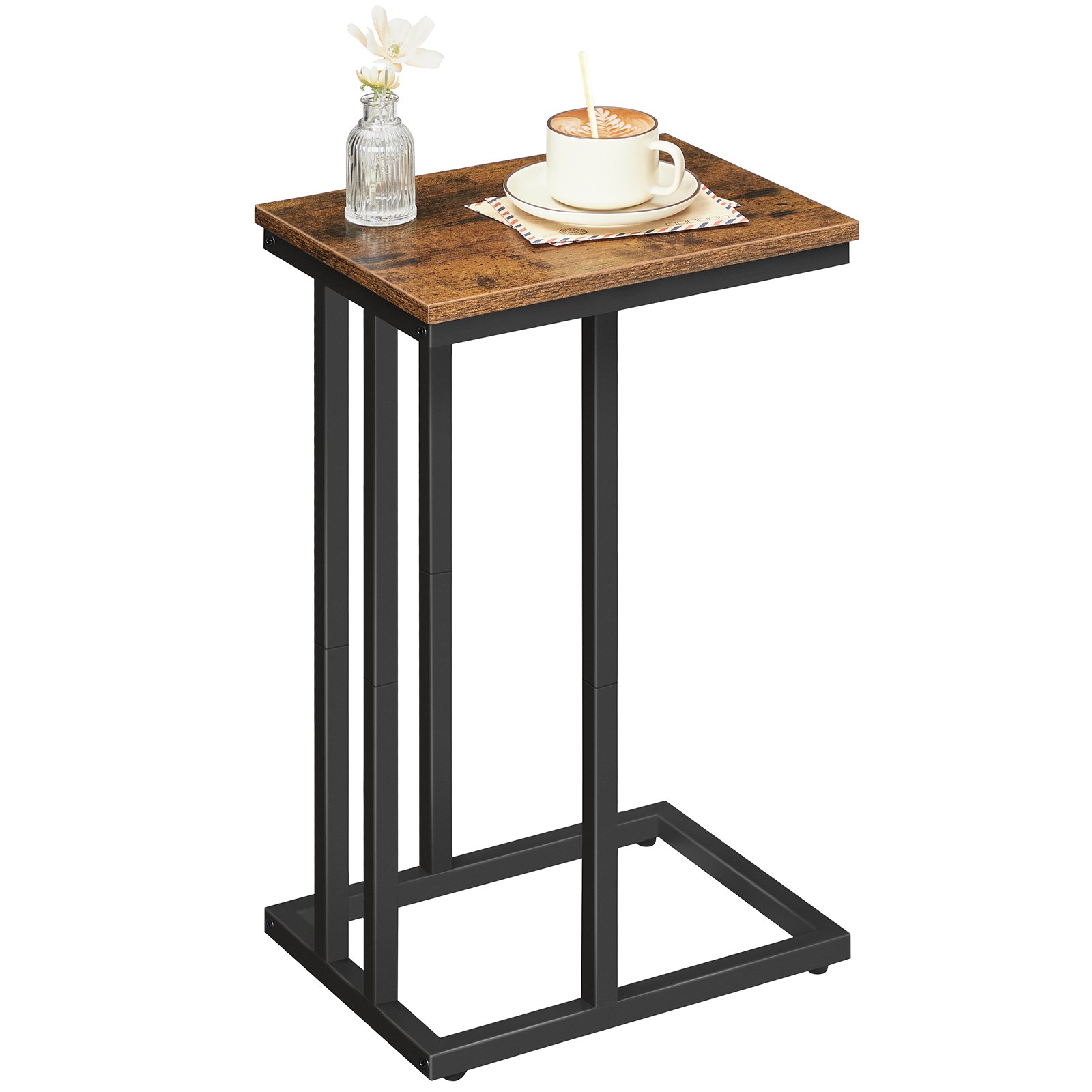 الجدول الجانبي على شكل C, طاولة نهاية الأريكة, طاولة الوجبات الخفيفة من الكمبيوتر المحمول, للمساحة الصغيرة, غرفة المعيشة, غرفة نوم, نحيل, ضيق, طويل, خشب تبدو الأثاث مع إطار معدني, بني ريفي