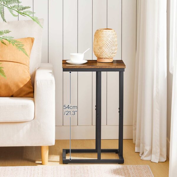 Säit Table C geformt, sofa Enn Dësch, Laptop Kaffi Snack Dësch, Fir kleng Plaz, Wunnzëmmer, Schlofkummer, Schnéi, schmuel, eng grouss, Holz beklokt Miwwelen mat Metallframe, rustikal brong