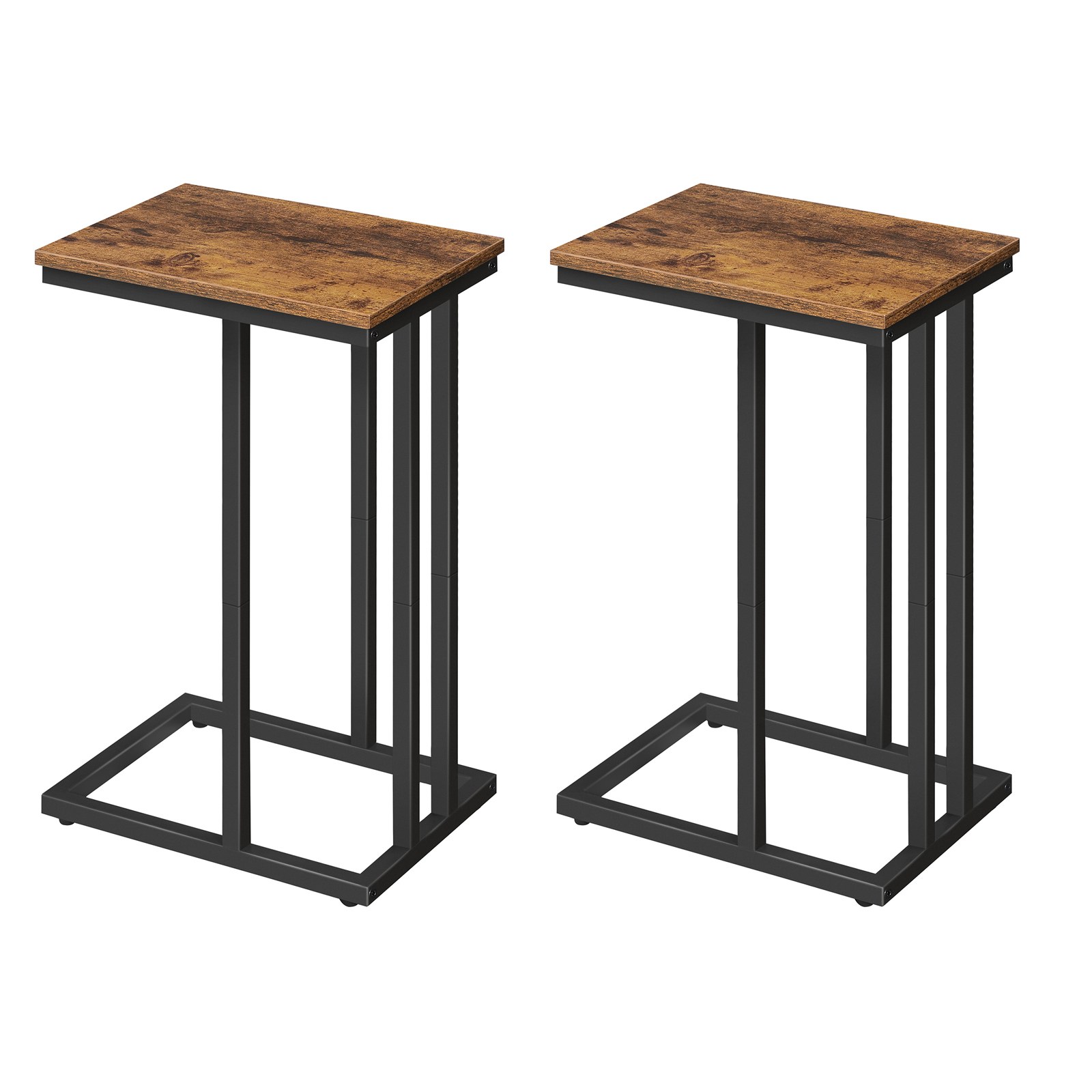 Rustic Brown & Black C-Shape Side Table (Set of 2), Portable Multi-Functional Snack & Laptop Table, Heavy-Duty Sofa Side Accent Table, Wood-Look Surface with Metal Frame, Space-Saving for Living Room and Bedroom