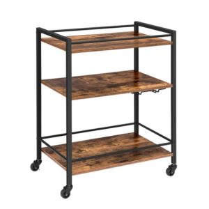 Bar Cart for The Home, Serving Cart with Wine Glass Hooks, Rolling Kitchen Cart with Lockable Wheels, 25.2 x 15.7 x 33.3 Inches Beverage Cart with Storage Shelves, Rustic Brown