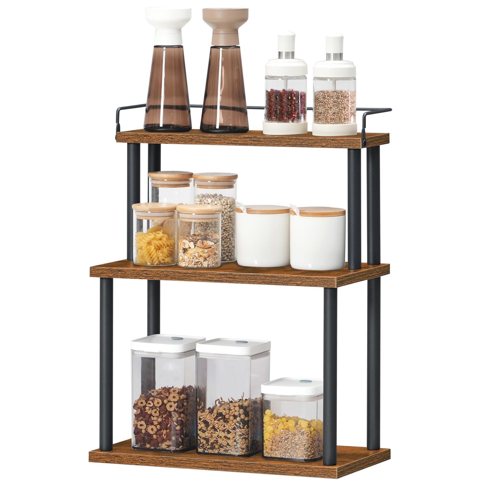 3-Tier Spice Rack Organizer, Rustic Brown & Black Freestanding Countertop Storage Rack, Multifunctional Desktop Organizer for Kitchen, Office Desk, Study Room and Living Room