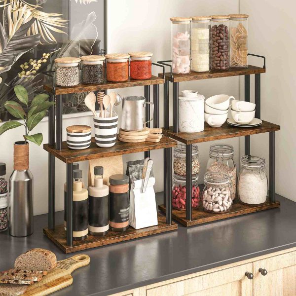 3-Tier Spice Rack Organizer, Rustic Brown & Black Freestanding Countertop Storage Rack, Multifunctional Desktop Organizer for Kitchen, Office Desk, Study Room and Living Room