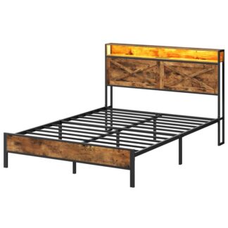 إطار سرير بحجم كوين, هيكل سرير مع محطة شحن وأضواء LED, أرفف المعادن غير القابلة للانزلاق, خالية من الضوضاء, تجميع سهل, لا حاجة إلى بوكس ​​سبرينغز, ريفي البني والأسود