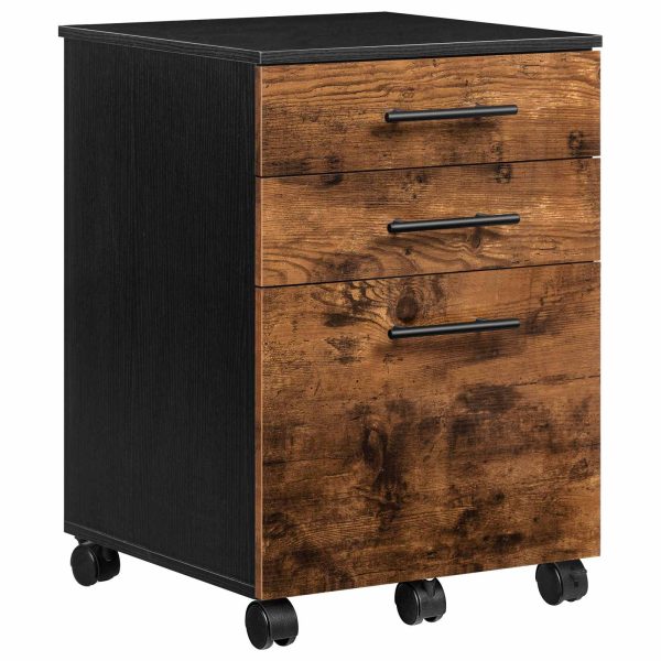 Rolling 3-Drawer File Cabinet, Rustic Brown & Black Wooden Office Storage Cabinet for Home Office, Under-Desk Filing Cabinet Compatible with A4, Letter Size and Hanging File Folders