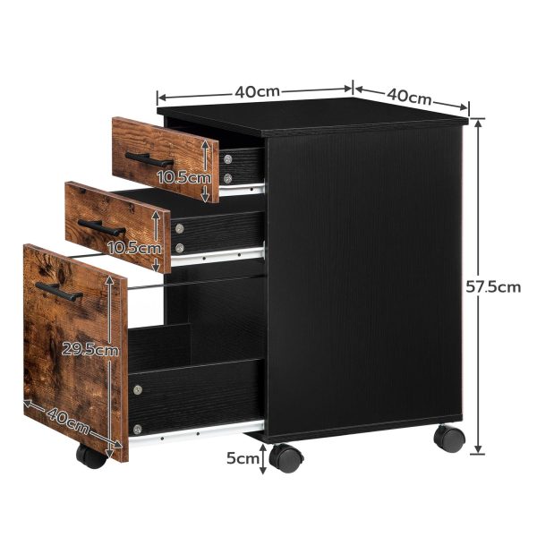 Rolling 3-Drawer File Cabinet, Rustic Brown & Black Wooden Office Storage Cabinet for Home Office, Under-Desk Filing Cabinet Compatible with A4, Letter Size and Hanging File Folders