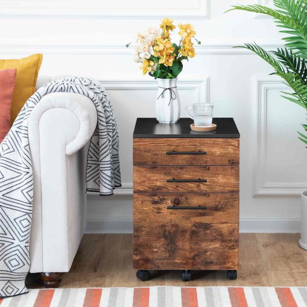 Rolling 3-Drawer File Cabinet, Rustic Brown & Black Wooden Office Storage Cabinet for Home Office, Under-Desk Filing Cabinet Compatible with A4, Letter Size and Hanging File Folders