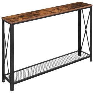retro console table, narrow sofa table behind couch, 2 tier skinny entryway table with mesh shelf, industrial, hallway, living room, foyer, office, rustic brown