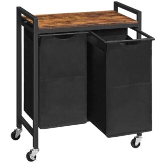 Wäschekorb, Wäschesortierer 2 Abschnitt, Wäschereikorb mit Rädern, Rollwagen, Auszug und abnehmbare Oxford-Stoffwaschbeutel, rustikalbraun und schwarz