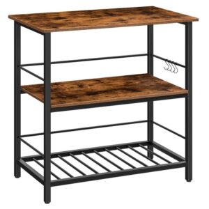 kitchen island with wine rack,industrial kitchen counter with hooks and protective rails, 3 tier kitchen shelf with large workstation, saving space, stable, easy assembly, rustic brown
